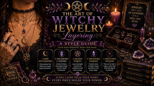 Layered witchy jewelry with crystals, moons, and pentagrams for a mystical style guide on witchy jewelry layering