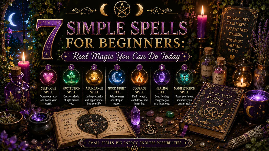 Seven simple spells for beginners guide with magical books, crystals, candles, and herbs for real magic rituals