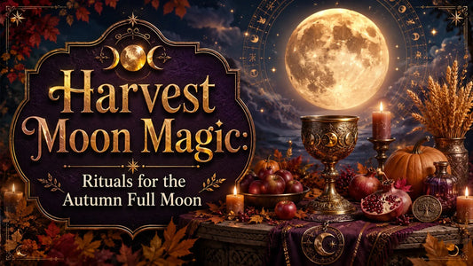 Harvest Moon Magic rituals with autumn full moon, candles, pumpkins, and seasonal fruits for spiritual inspiration
