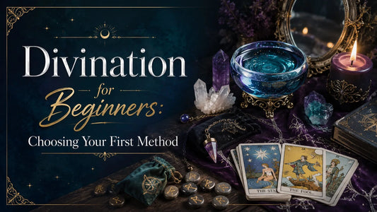 Tarot cards, crystals, and candles arranged for divination for beginners guide and spiritual exploration