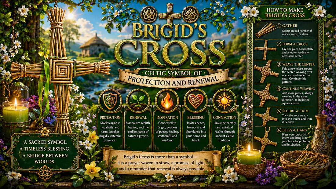 Brigid’s Cross Celtic symbol with woven straw, flowers, and candles, representing protection and renewal