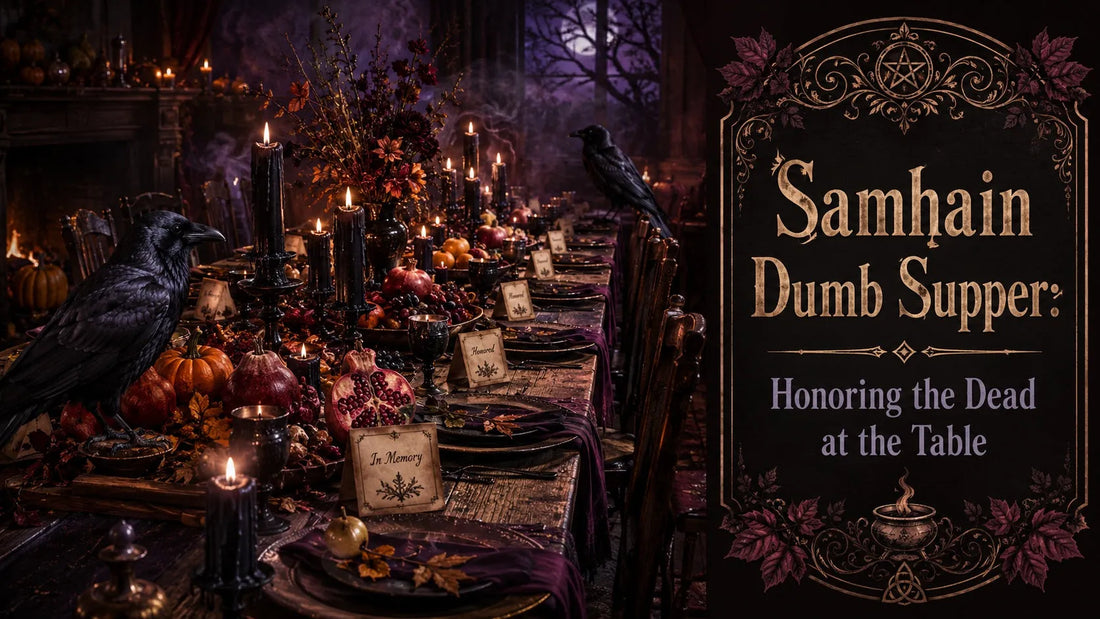 Elegant Samhain dumb supper table with candles, ravens, autumn fruits, and cards honoring the dead