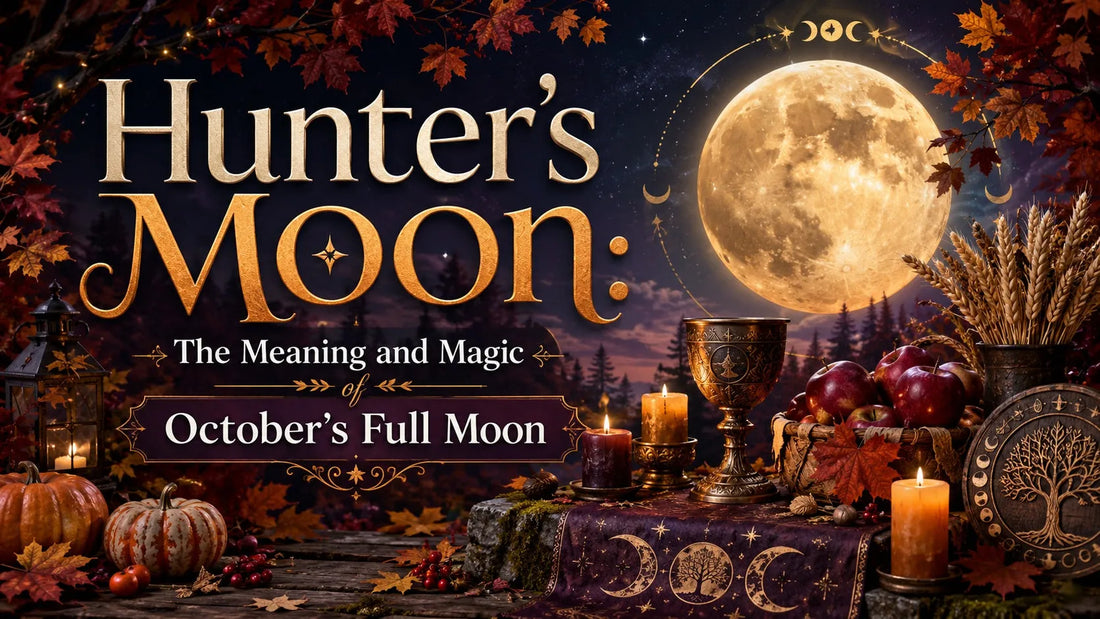 Harvest altar with pumpkins, candles, and apples under the Hunter’s Moon celebrating October’s full moon magic