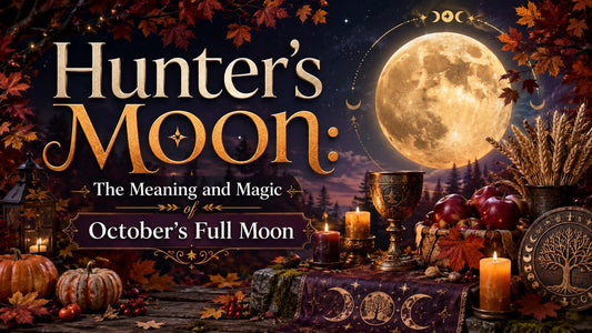 Harvest altar with pumpkins, candles, and apples under the Hunter’s Moon celebrating October’s full moon magic