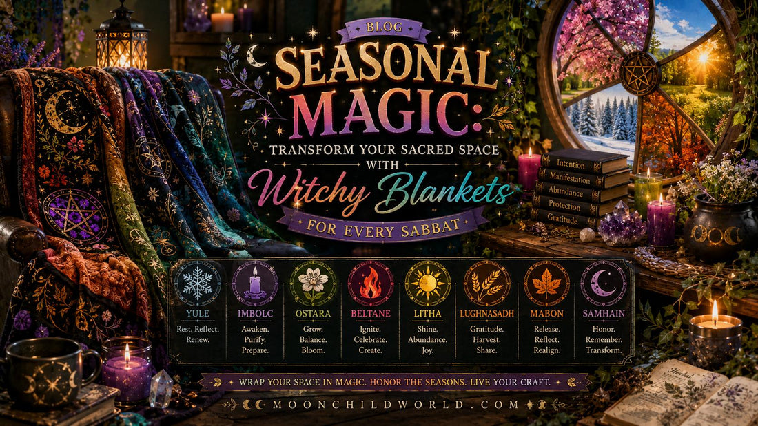 Wiccan blanket with pentacle and moon symbols adds witchy home decor for a cozy pagan retreat