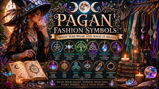 Pagan fashion symbols guide with mystical jewelry, crystals, and witchy accessories for spiritual style inspiration