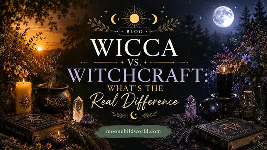 Wicca altar setup with crystals, moon phase symbols, and ritual tools for modern witchcraft inspiration