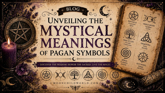Mystical meanings of pagan symbols with pentacle, tree of life, and triple moon illustrations for spiritual inspiration