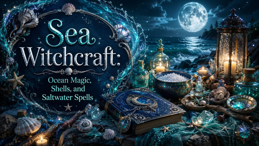 Sea witchcraft altar with seashells, salt, crystals, and candles under a moonlit ocean sky