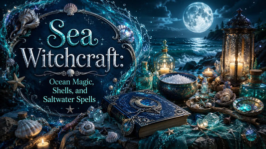 Sea witchcraft altar with seashells, salt, crystals, and candles under a moonlit ocean sky
