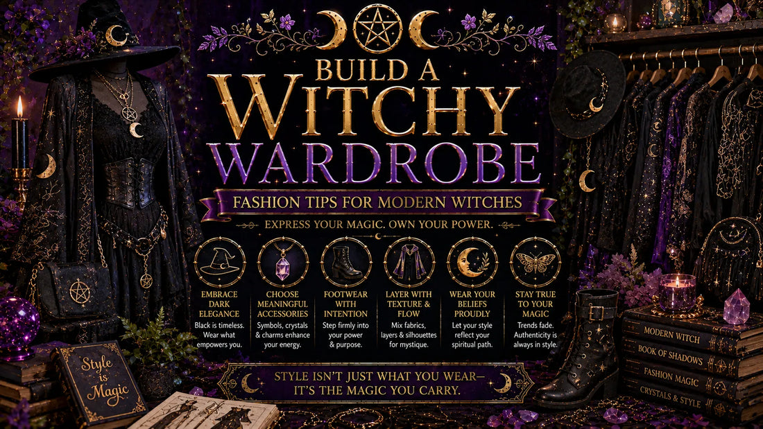 Witchy wardrobe inspiration with dark elegant dresses, mystical accessories, and magical fashion tips for modern witches