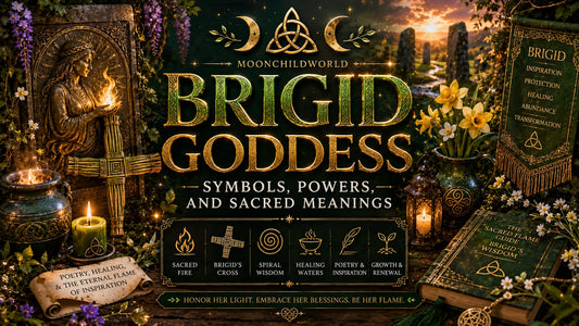 Brigid goddess altar with sacred fire, symbols, flowers, and mystical decor for modern witches and pagans