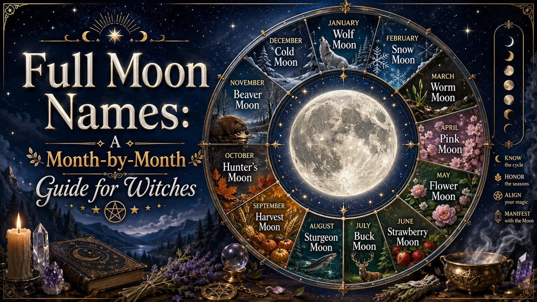 Full moon names guide with mystical symbols and monthly illustrations for witches and lunar rituals