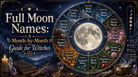Full moon names guide with mystical symbols and monthly illustrations for witches and lunar rituals