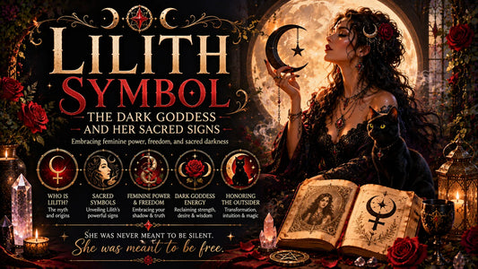 Lilith symbol representing feminine power with mystical woman, black cat, moon, and sacred signs