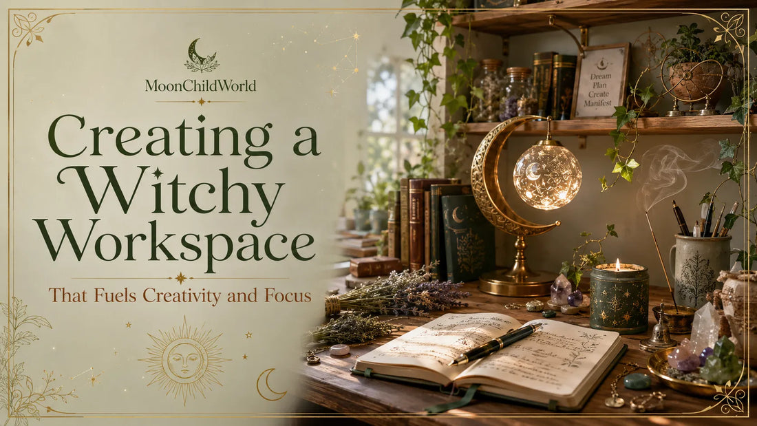 Cozy witchy workspace with magical decor, crystals, and candles to inspire creativity and focus