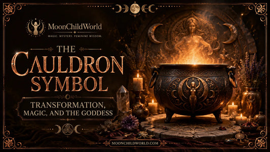 Mystical cauldron symbol with goddess imagery, candles, and crystals representing transformation and magic