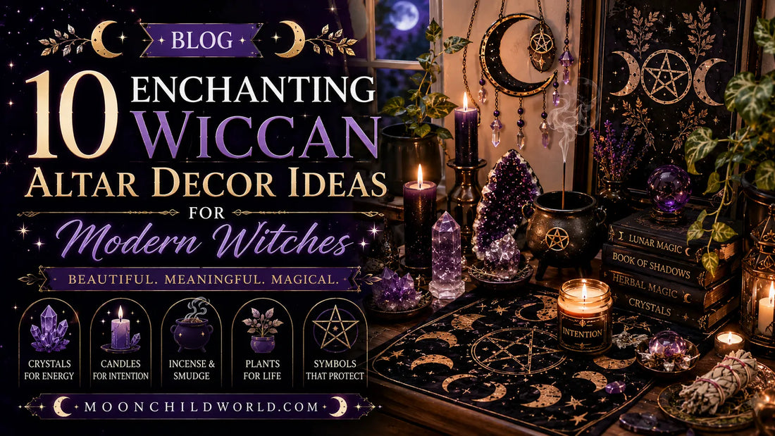 Wiccan altar decor with witch tablecloth and pagan tapestry, featuring crystals, candles, and a mystical Halloween area rug