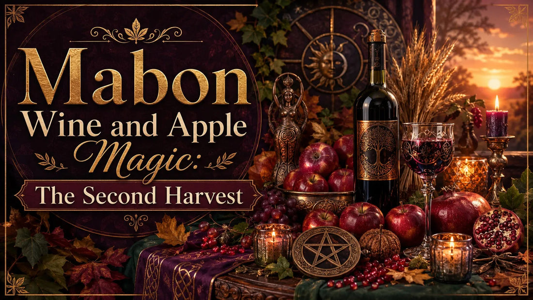 Mabon wine and apple magic altar with apples, wine, candles, and autumn harvest decorations at sunset