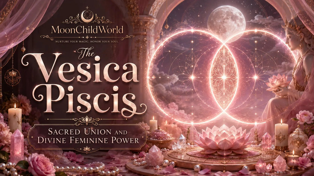 Elegant vesica piscis symbol with glowing lotus flowers, crystals, and divine feminine energy in a mystical setting