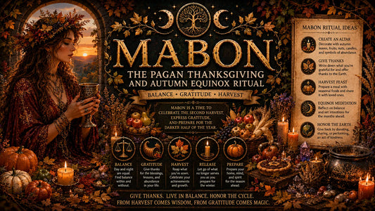 Mabon pagan thanksgiving and autumn equinox ritual table with candles, pumpkins, and seasonal harvest decorations