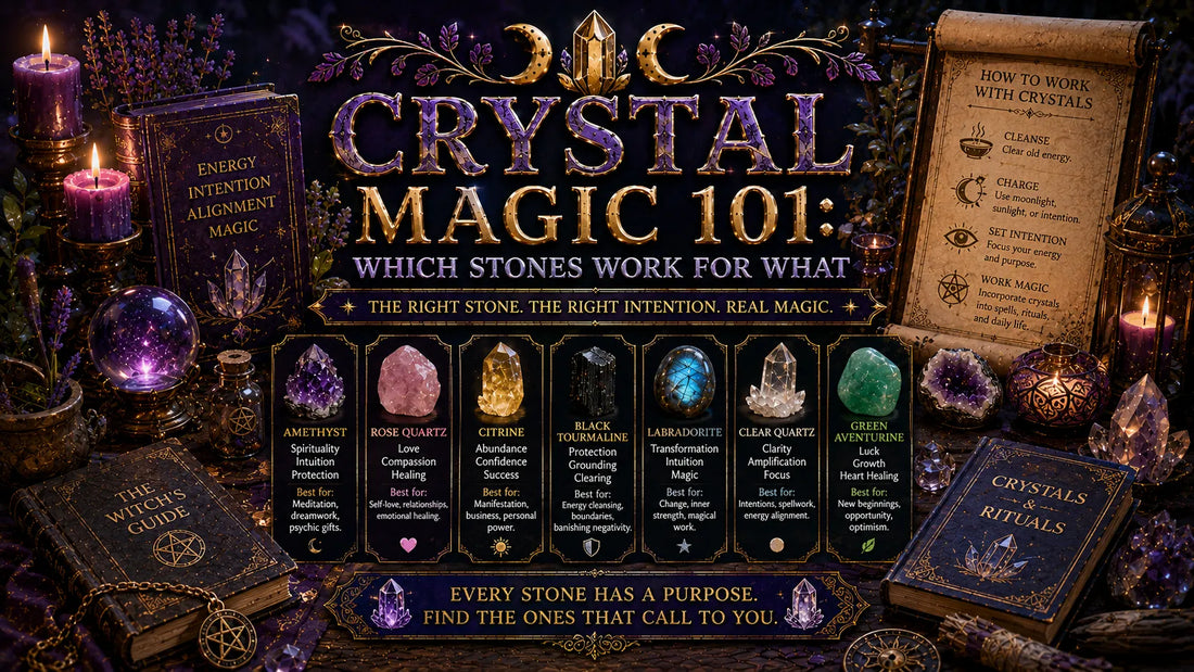 Crystal magic 101 guide with illustrated crystals, candlelight, and tips for using stones in spiritual rituals
