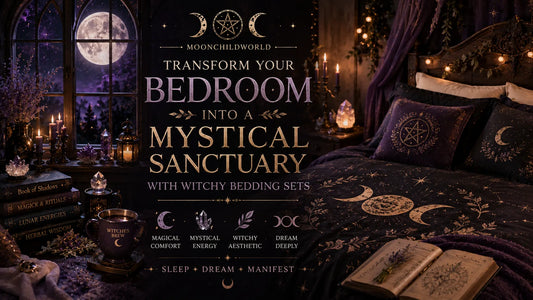 Enchanting bedroom decor with mystical sanctuary bedding and moonlit accents for a cozy, witchy atmosphere
