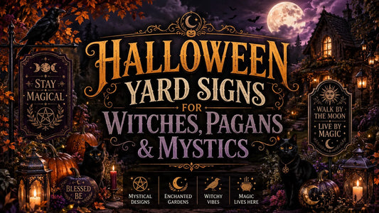 Halloween yard sign ideas for witches and mystics with black cats, pumpkins, and magical autumn pagan garden decor