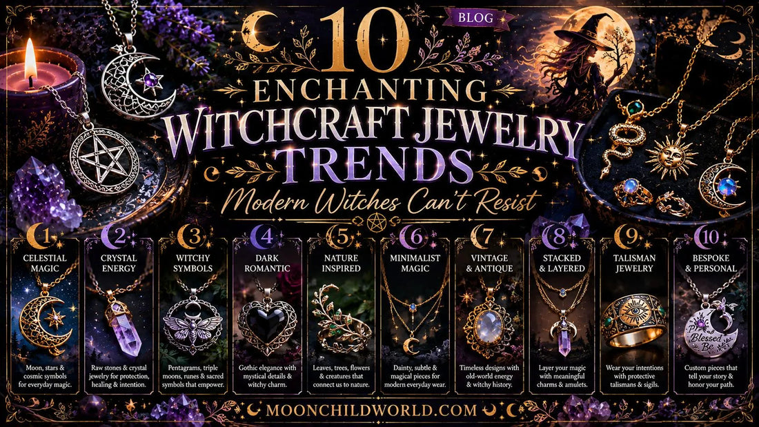 Witchcraft jewelry trends featuring moonstone pendants, pentacles, and mystical charms for spiritual inspiration