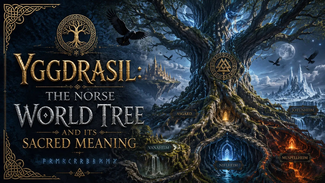 Yggdrasil Norse world tree with realms Asgard, Vanaheim, Jotunheim, Niflheim, and Muspelheim illustrated