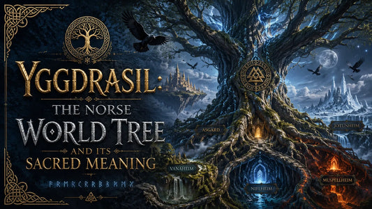 Yggdrasil Norse world tree with realms Asgard, Vanaheim, Jotunheim, Niflheim, and Muspelheim illustrated