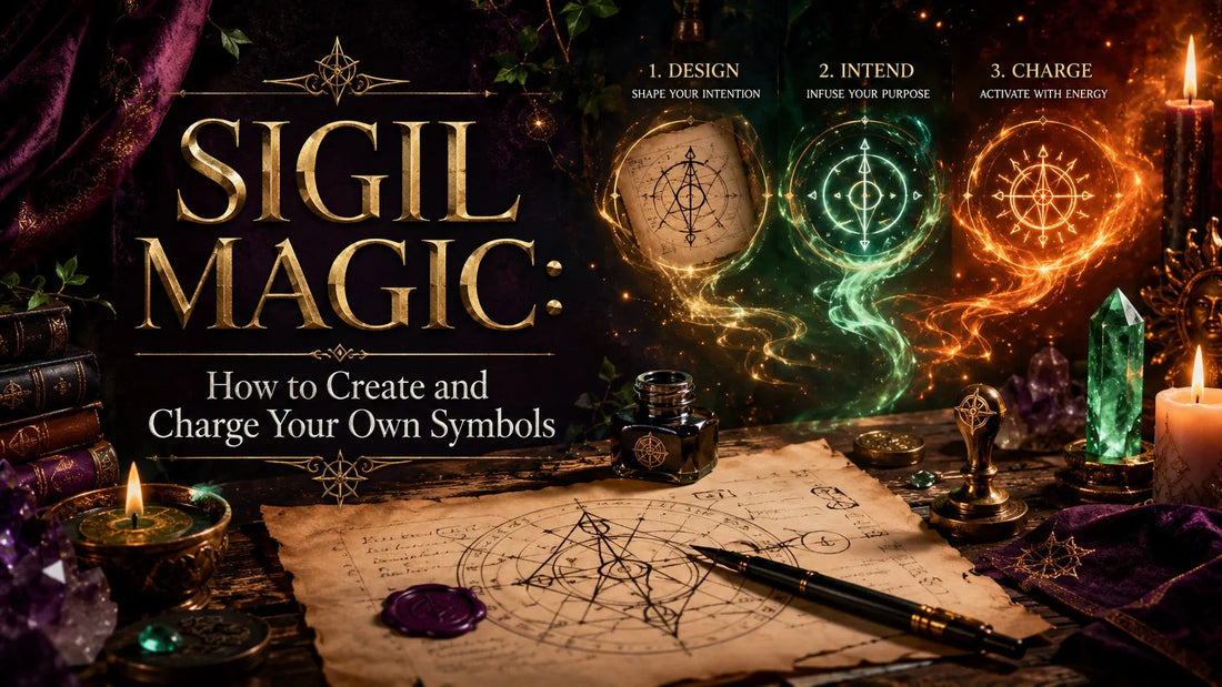 Mystical workspace with candles, crystals, and sigil magic symbols for creating and charging your own symbols