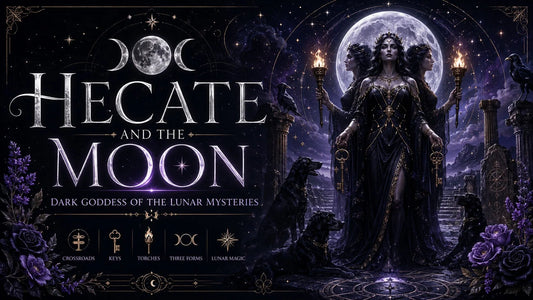 Mysterious Hecate and the moon with torches, keys, and black dogs in a mystical night setting