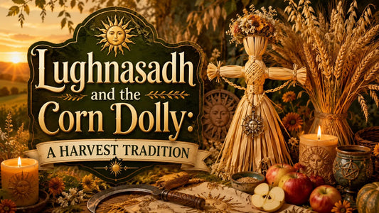 Lughnasadh and the corn dolly harvest tradition celebrated with candles, apples, and wheat decorations