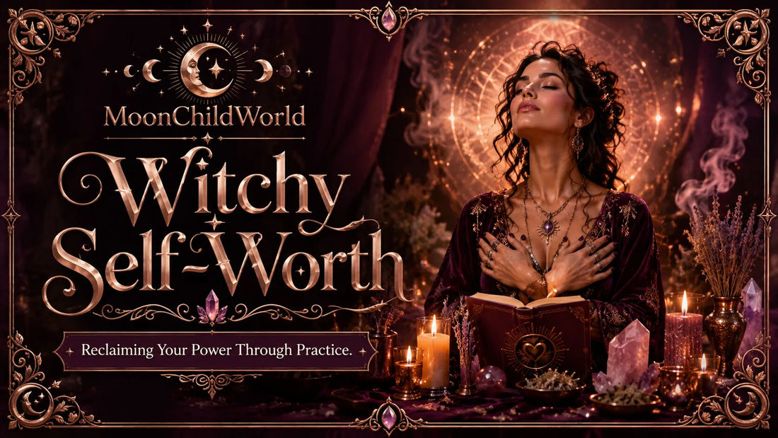 Confident woman practicing witchy self-worth rituals with candles, crystals, and spiritual decor for empowerment