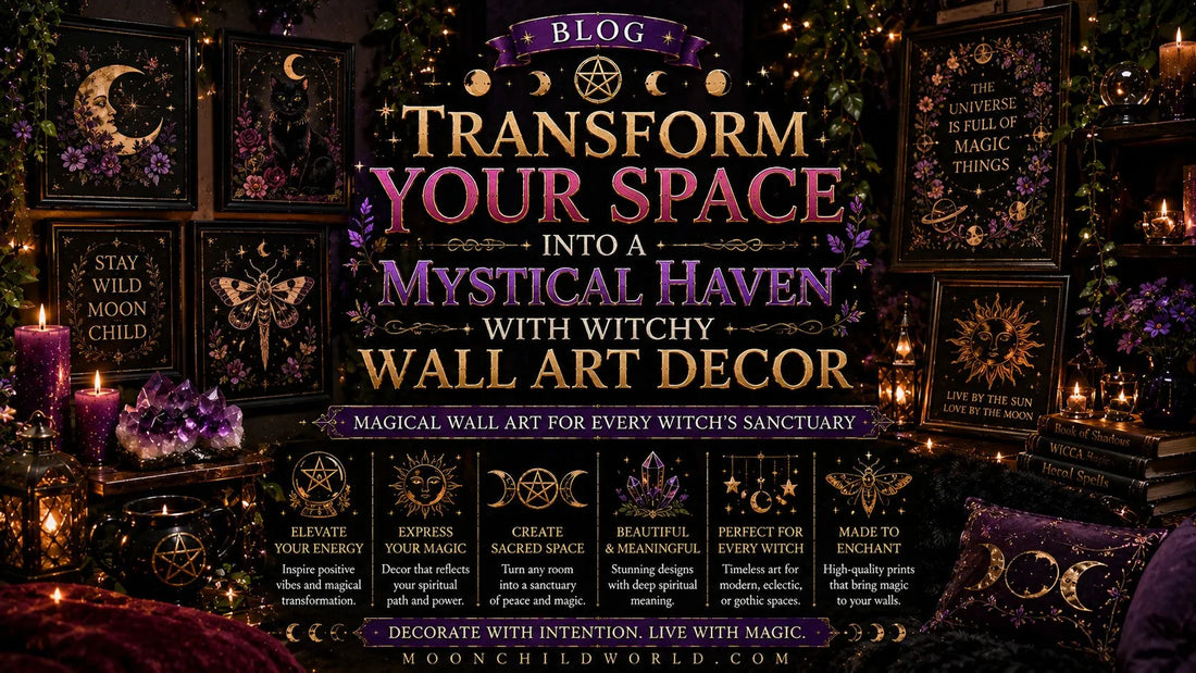 Witchy wall art decor with moon phases, mystical landscapes, crystals, and candles for a magical home vibe
