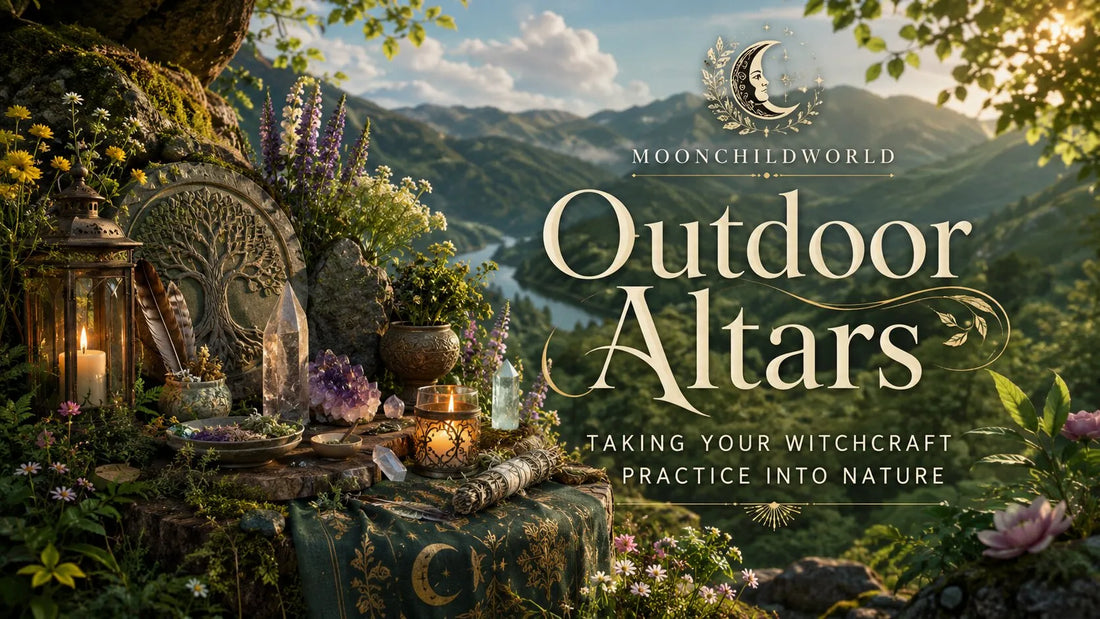 Enchanting outdoor altars with candles, crystals, and flowers inspire nature-based witchcraft practices