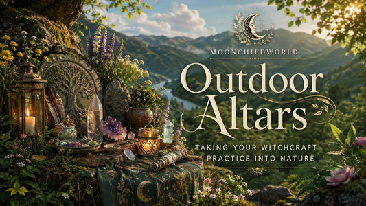 Enchanting outdoor altars with candles, crystals, and flowers inspire nature-based witchcraft practices