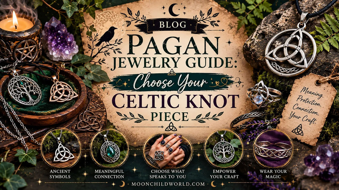 Celtic knot necklace and ring displayed with candles, perfect pagan jewelry for Wiccan and moon lovers