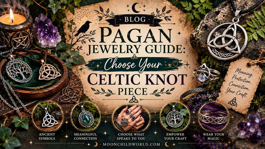 Celtic knot necklace and ring displayed with candles, perfect pagan jewelry for Wiccan and moon lovers