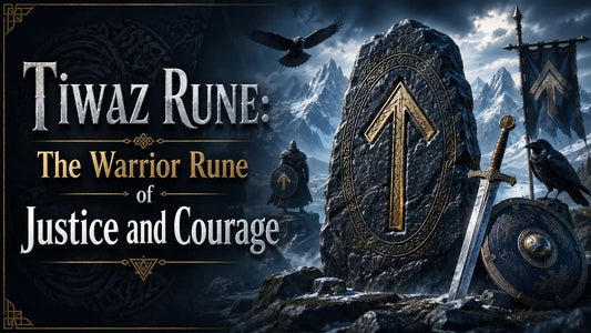 Tiwaz rune symbol engraved on a stone with sword and shield, representing warrior justice and courage