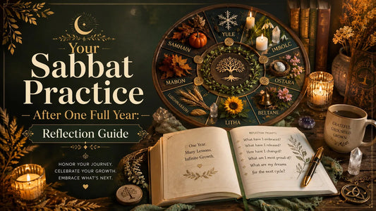 Sabbat practice reflection guide with a seasonal wheel, journal prompts, candles, and spiritual decor for year-end review