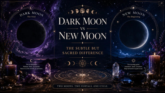 Dark moon vs new moon illustrated with mystical night skies, crystals, and candles for lunar cycle insights