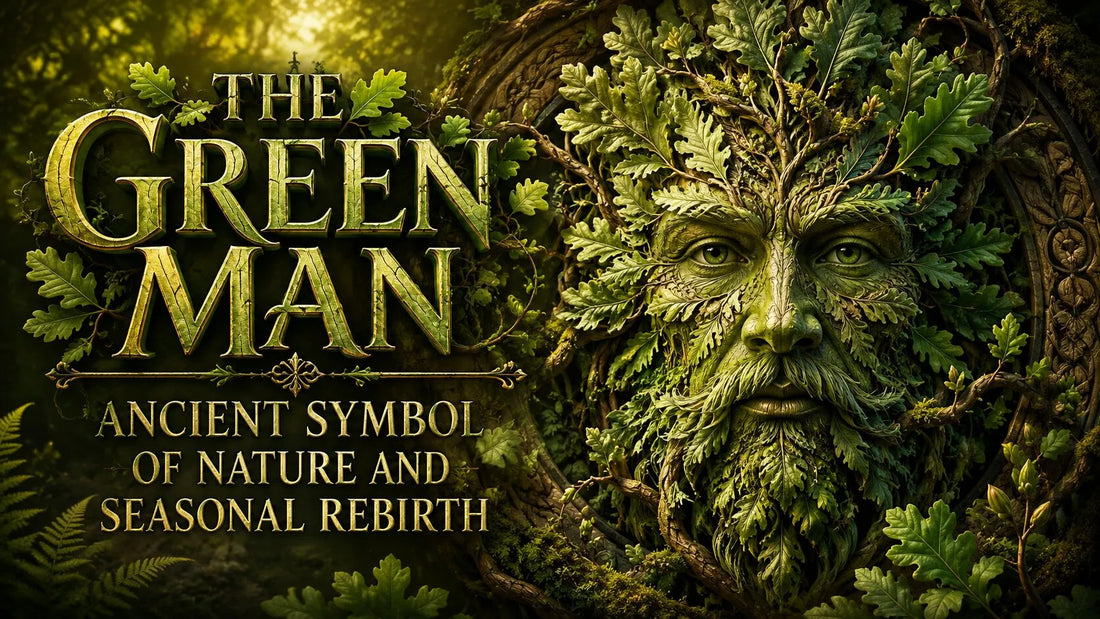 Green Man folklore symbolizing nature and seasonal rebirth with a leafy face in a mystical forest setting