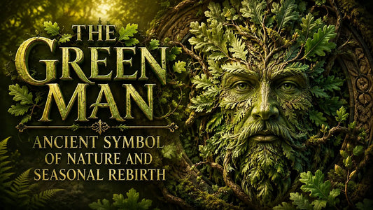 Green Man folklore symbolizing nature and seasonal rebirth with a leafy face in a mystical forest setting