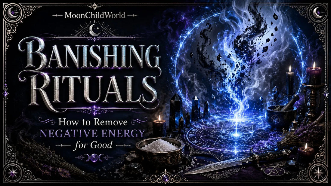 Mystical banishing rituals with crystals, candles, and herbs to remove negative energy for good