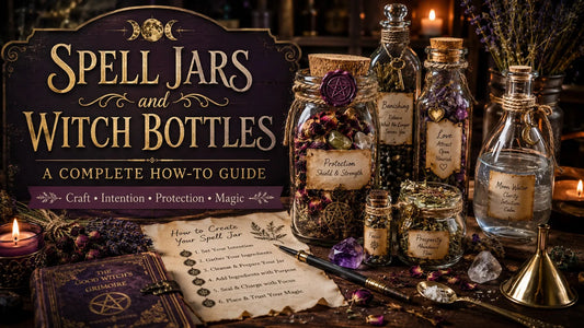 Spell jars and witch bottles arranged with herbs, crystals, and candles for a complete how-to guide