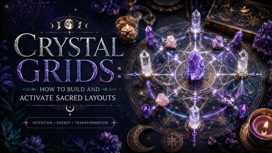 Crystal grids arranged on a sacred geometric layout with candles and crystals for energy transformation