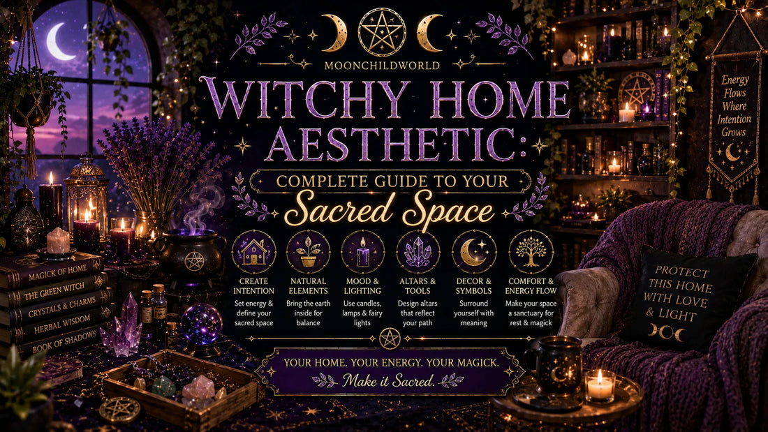 Cozy witchy home aesthetic with crystals, candles, and mystical decor for creating a sacred space