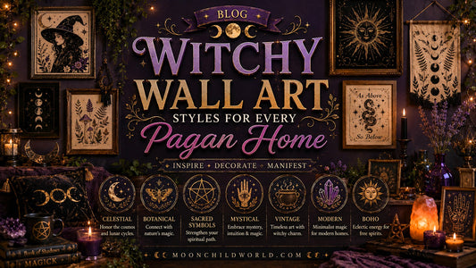 Witchy wall art and pagan canvas print styles create a mystical, gothic vibe for Wicca and moon lovers’ homes